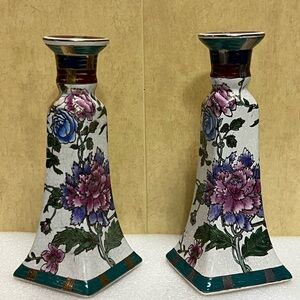 Vintage Floral Chinoiserie Candlestick Holders 
Set of 2